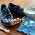 A pair of black shoes rests on a wooden surface beside a small bowl of water, a larger bowl, and a cleaning brush with a blue cloth—an effective cleaning setup. These items offer valuable shoe tips for maintaining pristine footwear without leaving plastic residues.