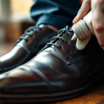 A person applies shoe cream to achieve a polished look on a black leather shoe using a small brush. The shoe rests on a wooden floor as they focus the brush near the laces for an immaculate finish.