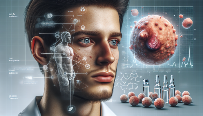 Man with acne and stern look, surrounded by medical symbols indicating high testosterone, in clinical setting.