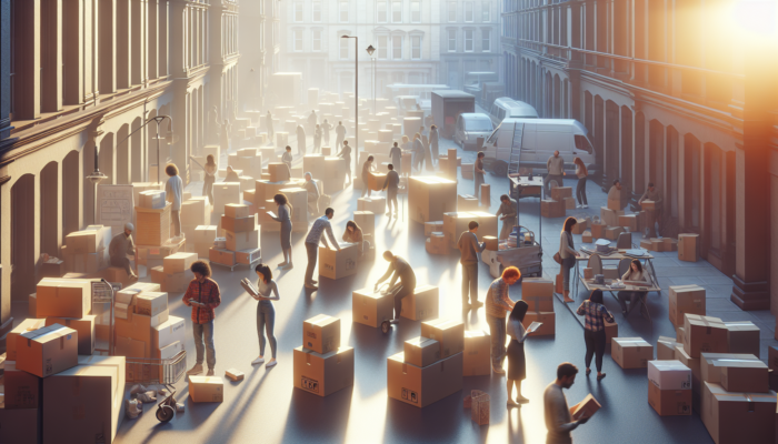 Individuals organizing and clearing a cluttered house in Glasgow with boxes and labels illuminated by morning light.