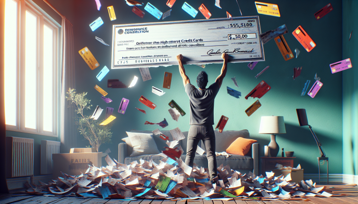 Clear Guide to Debt Consolidation: Making Sense of Financial Management | DCL Individual holding a "Personal Loan" cheque, surrounded by shredded credit card statements, symbolising debt consolidation and financial freedom.