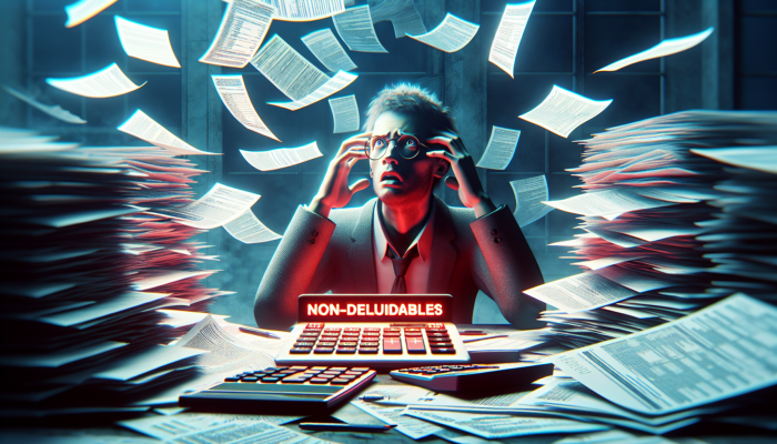 Are Debt Consolidation Fees Tax-Deductible: A Guide | DCL An individual looking puzzled amidst scattered documents and calculators, with a tax form highlighting non-deductible fees in red.