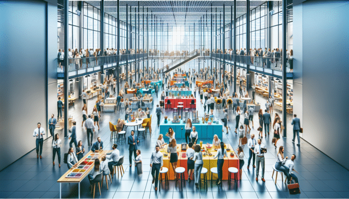 A vibrant employee sale event in a modern office with staff browsing discounted high-quality items, fostering morale.