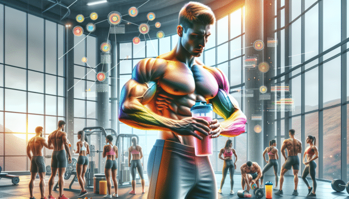 Athletes in a modern gym enjoying colourful protein shakes, showcasing muscle growth and recovery after workouts.