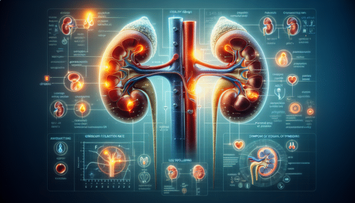 Illustration of kidneys illustrating health indicators like GFR, creatinine, urine protein, and symptoms such as fatigue, leg swelling, and altered urination.