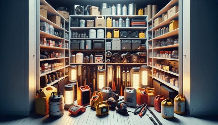 A well-organised storage room with labelled shelves holding various emergency heat sources, ensuring safety and longevity.