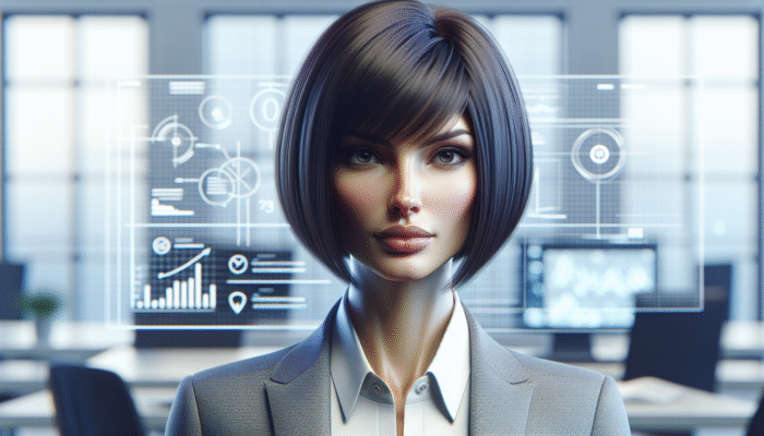 Confident woman showcasing a sleek, straight-across blunt bob hairstyle, radiating sophistication.