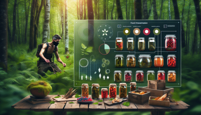 Individual foraging for berries and mushrooms in a flourishing forest, with preserved foods showcased on a rustic table.