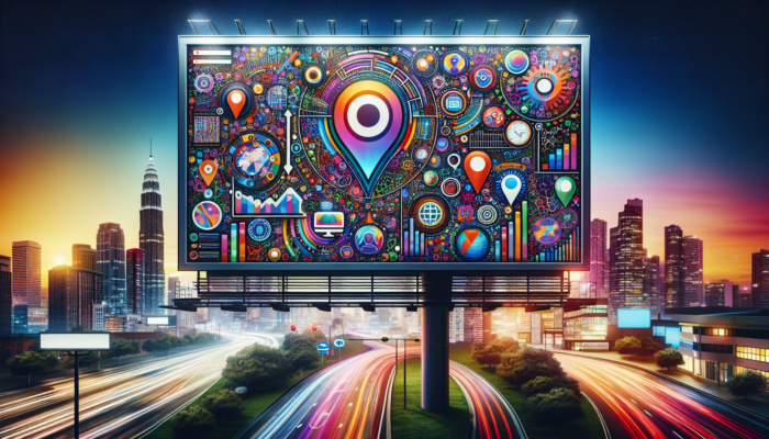 A dynamic digital billboard displaying "Enhance Your Local SEO with Bing My Business" and SEO-related icons against a dusk cityscape.