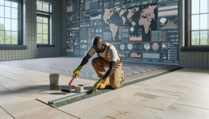 A craftsman finalising a Sorrento limestone floor in Dundee with grouting and sealing.