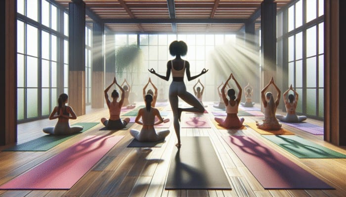 A serene yoga retreat in Las Vegas featuring small classes, nurturing instructors guiding beginners on colourful mats in a sunlit studio.