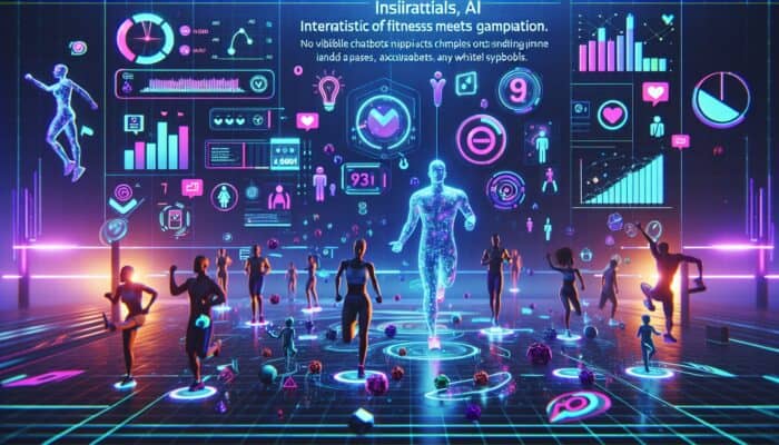 A futuristic fitness video interface featuring points, badges, leaderboards, animated avatars, and AI chatbots within a vibrant digital environment.