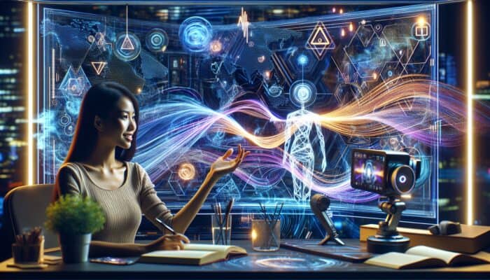 AI chatbot on a screen generating scripts for a travel vlogger in a futuristic studio equipped with maps and equipment.