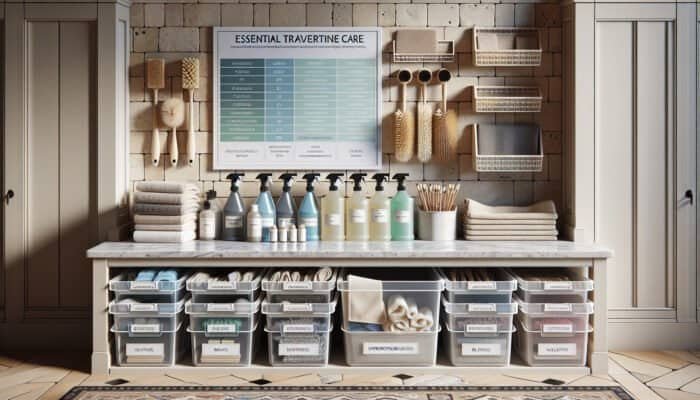 Well-organised cleaning station in a UK home displaying travertine care essentials like cleaners, brushes, and cloths atop a travertine floor.