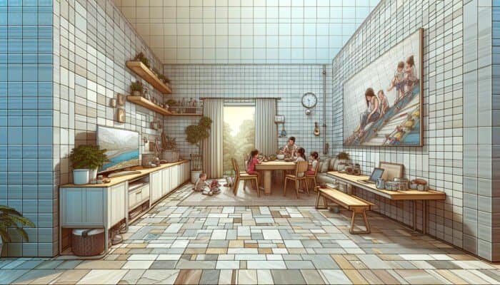 Durable ceramic tiles in a bustling family home, resistant to scratches, stains, and moisture.