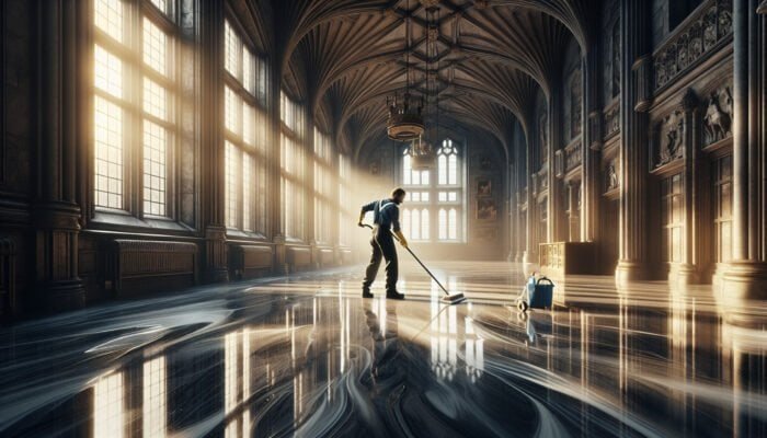 A person cleaning glossy marble floors in a Scottish Borders castle, ensuring no streaks while sunlight streams through windows.