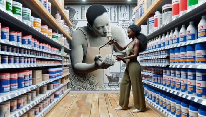 A homeowner in Australia applying affordable cement-based filler for travertine holes at a well-lit hardware store.