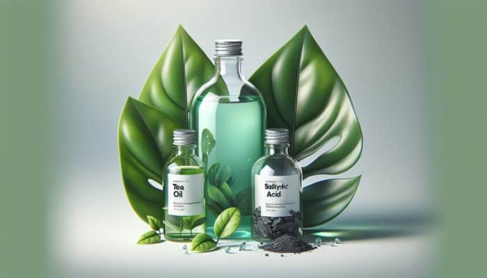 Shampoo bottle featuring tea tree oil, salicylic acid, and charcoal on a green leaf, designed for oily hair.