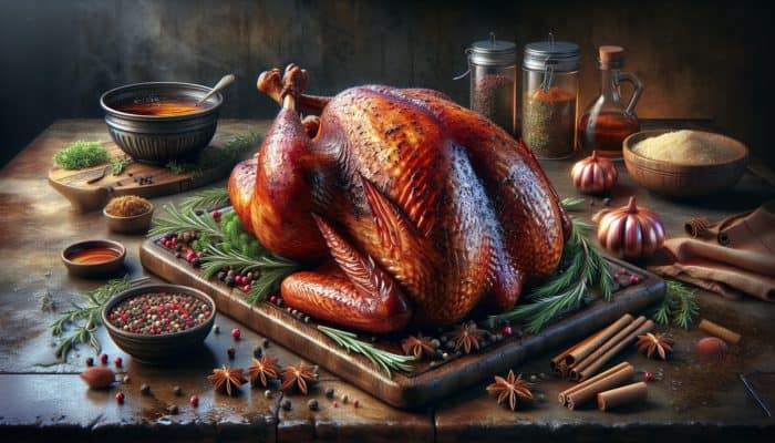 A succulent smoked turkey adorned with herbs and spices, glistening with moisture, in a rustic kitchen setting.