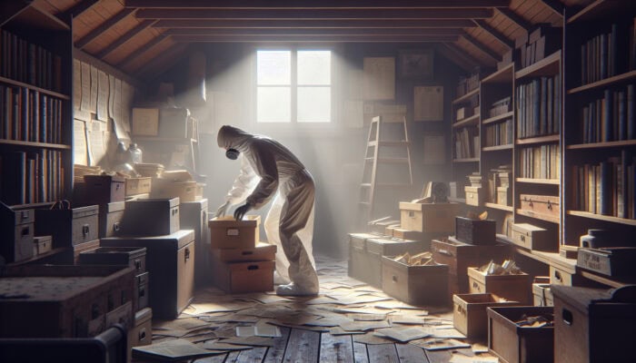 Individual in protective gear sorting through boxes and antiques in a dusty attic, with sunlight filtering through a window.