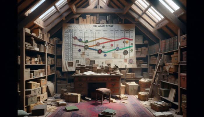 Timeline chart on desk with attic items and UK regulatory documents, illustrating clearance milestones.
