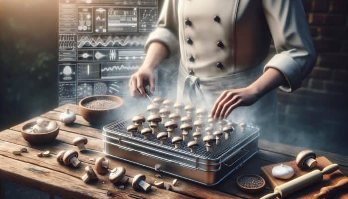 A chef meticulously preparing mushrooms for smoking: slicing, seasoning, and arranging on a smoker rack with smoke rising.