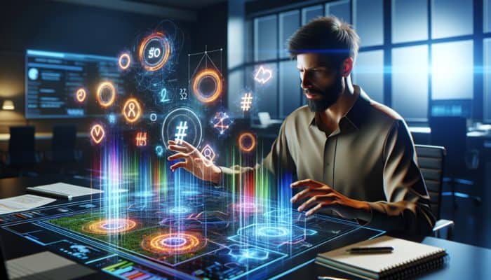 A digital marketing professional analysing trending hashtags on an advanced screen with SEO graphs and colourful data visualisations in a modern office.