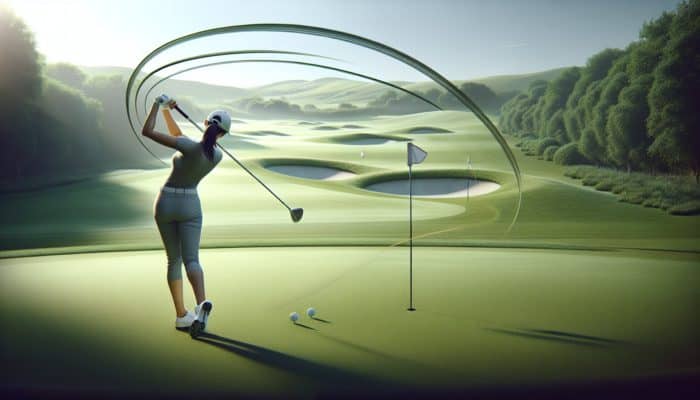 A golfer executing a flawless cut shot on a lush green course, the ball curving gracefully towards the flag.