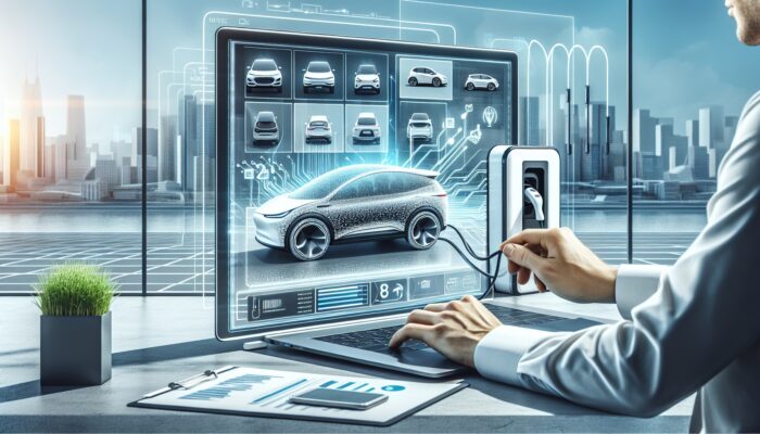 Individual completing EV rental on a laptop, with EV models displayed on the screen, alongside a charging station and city skyline visible.