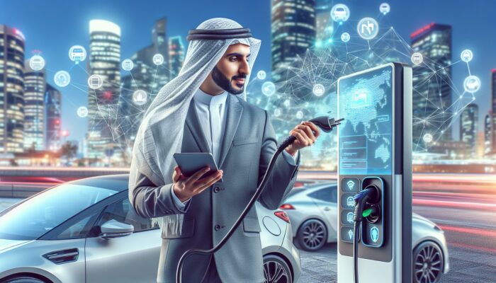 A person using a touchscreen to locate charging stations for an electric rental car in an urban environment.