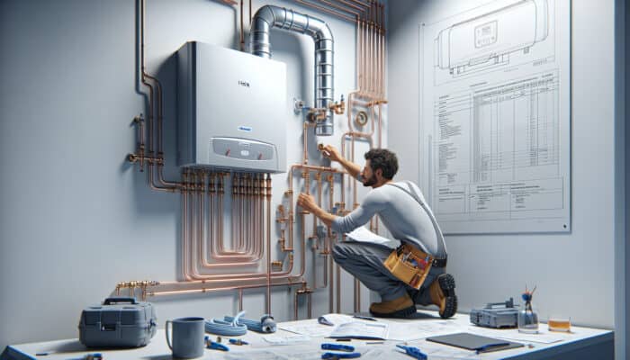 Modern tankless water heater installation in Delta, showcasing venting, gas lines, electrical connections, and a skilled installer.