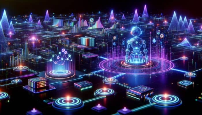 A futuristic digital landscape with AI bots optimising web pages using data streams and glowing charts.