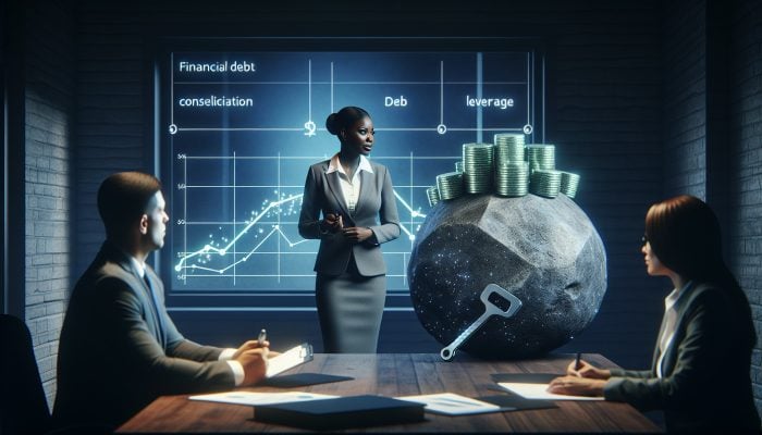 My Journey of Consolidating £50,000 in Debt: A UK Perspective | DCL A financial advisor's office showcasing charts, discussing £50,000 debt consolidation strategies with a client taking notes.