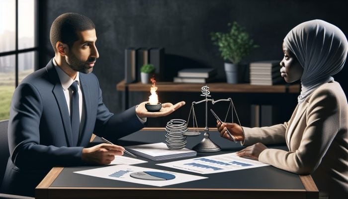 My Journey of Consolidating £50,000 in Debt: A UK Perspective | DCL A person discussing debt consolidation with a financial advisor in a modern office, utilising charts and documents.
