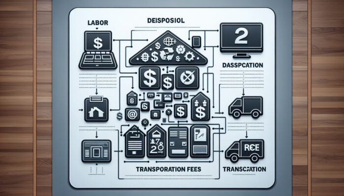 Infographic illustrating house clearance costs with sections on labour, disposal, and transportation, depicted with icons and graphs.