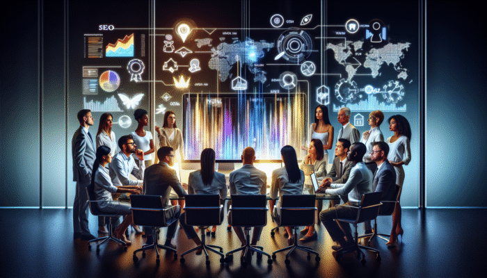 A team of professionals reviewing SEO analytics on a laptop in a modern workspace.