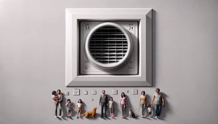 A well-maintained air vent in a modern Abbotsford home, featuring a calendar indicating annual cleaning and a family with pets.