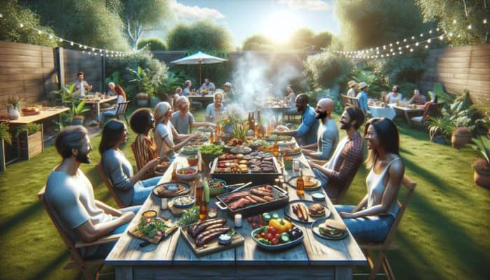 A vibrant BBQ setup featuring grilled meats, colourful sides, and friends relishing a feast in a sunlit backyard.
