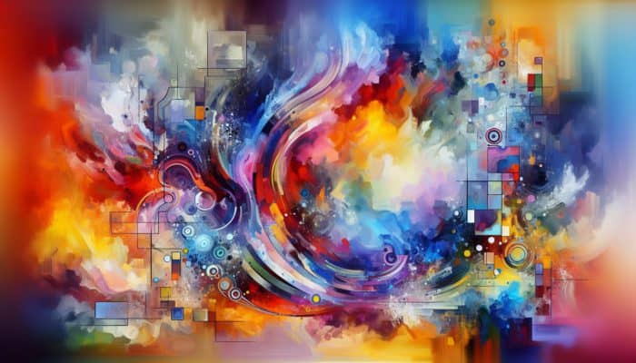 A vibrant abstract painting with dynamic brushstrokes and splatters, showcasing effective colour breaking techniques like blending, layering, and contrasting hues.