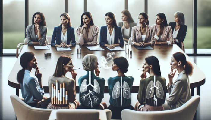 Female experts discussing effective smoking cessation strategies in a modern conference room.