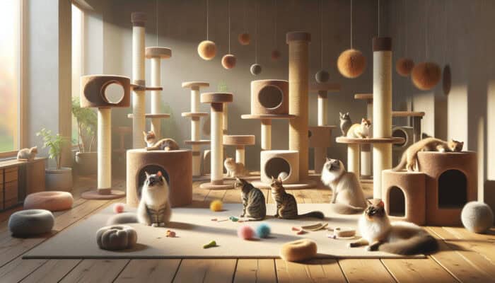 A serene room featuring cat towers, posts, and toys where multiple cats coexist peacefully and play.