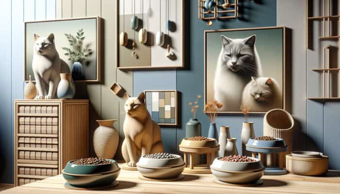Cozy home featuring multiple distinct cat feeding stations, each equipped with unique bowls, promoting peace.