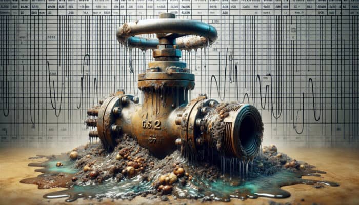 A corroded water valve showing leaks, surrounded by sediment, with visible temperature gauges.