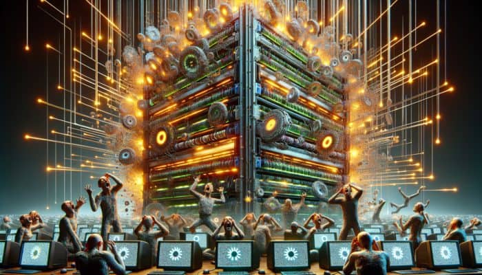 A server overwhelmed with outdated data, with frustrated users viewing old information, highlighting the need for updated caching.