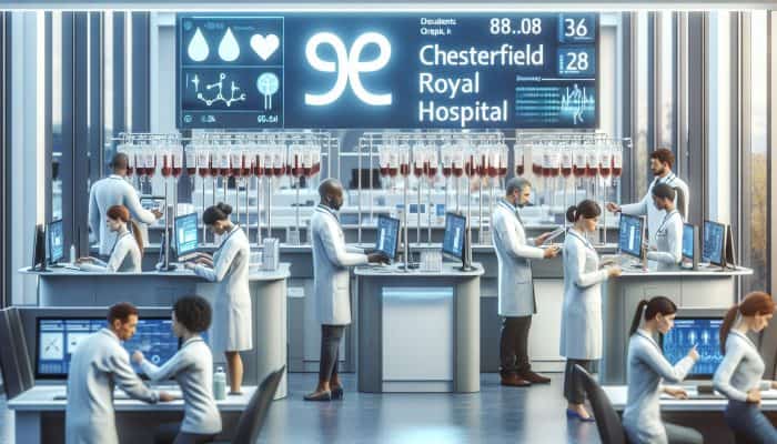 Modern hospital lab at Chesterfield Royal Hospital with technicians analysing kidney blood tests, patients using online booking at reception.