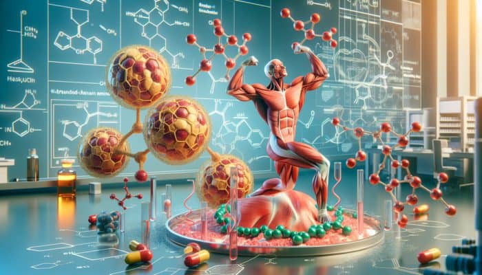 Visual representation of BCAAs interacting with muscle fibres in a laboratory, showcasing their growth-promoting properties.