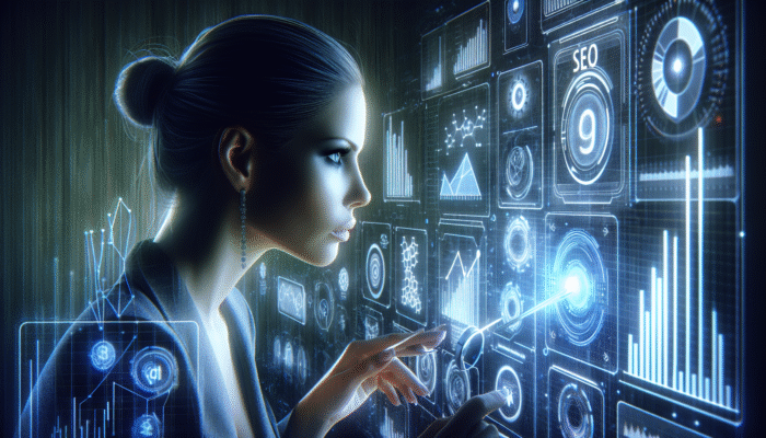 A digital marketing expert analysing SEO data on an advanced screen featuring holographic graphs and keywords, enhancing AEO strategies.