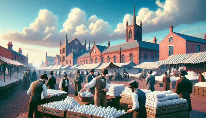 Market scene in Runcorn with vendors selling cotton gloves, experts discussing quality, buyers examining products under clear sky with historical architecture.