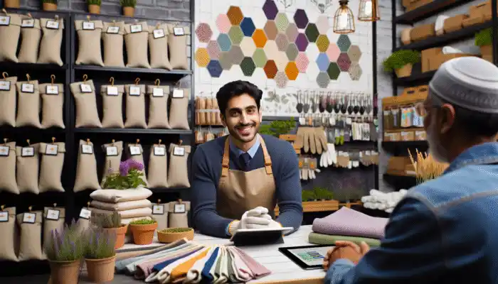 A knowledgeable shopkeeper at a Runcorn garden centre advising a customer on selecting the right cotton gloves for gardening.