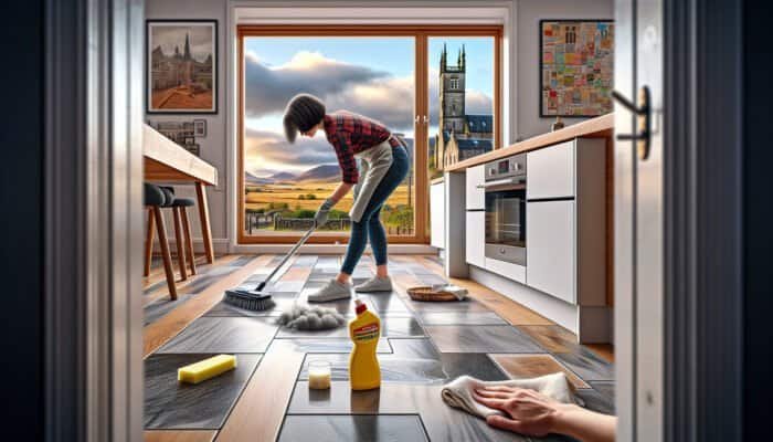 A person diligently cleaning grout haze from kitchen floor tiles in West Dunbartonshire, surrounded by Scottish architecture.